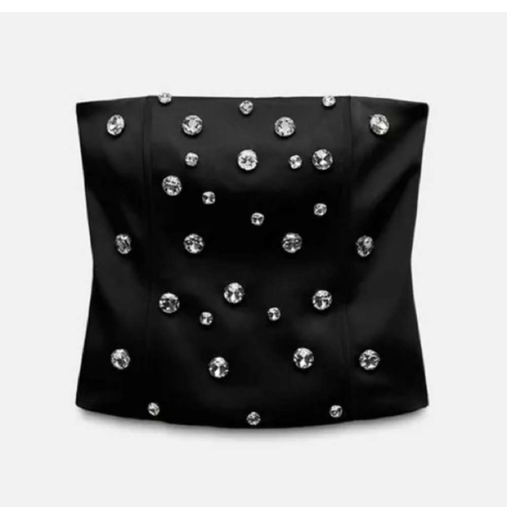 Zara Black Strapless Satin Top With Diamanté embellishments